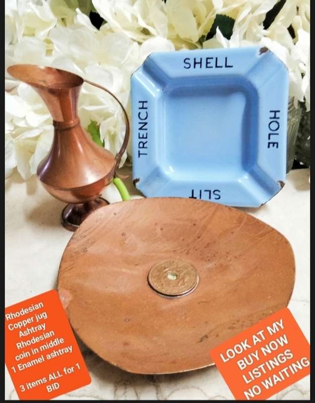 3- 2 Ashtrays Metal Enamel + Copper Rhodesia coin+1 Small jug LOOK At My BUY NOW LISTINGS NO WAITING