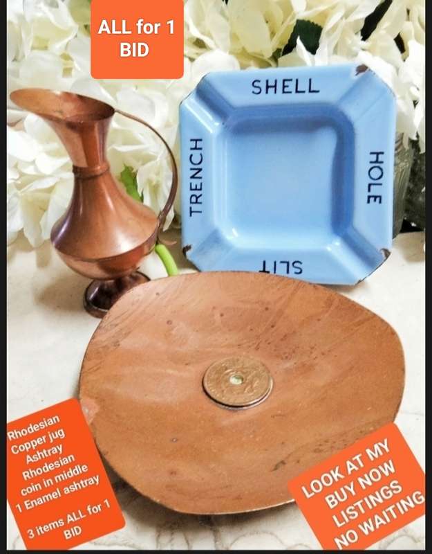 3- 2 Ashtrays Metal Enamel + Copper Rhodesia coin+1 Small jug LOOK At My BUY NOW LISTINGS NO WAITING
