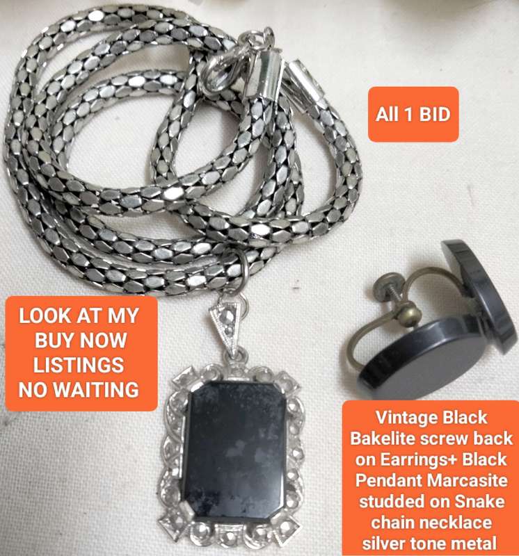 VTG Earrings LUCITE screw back+Pendant Studded MARCASITE composit stone+Snake chain silver tone