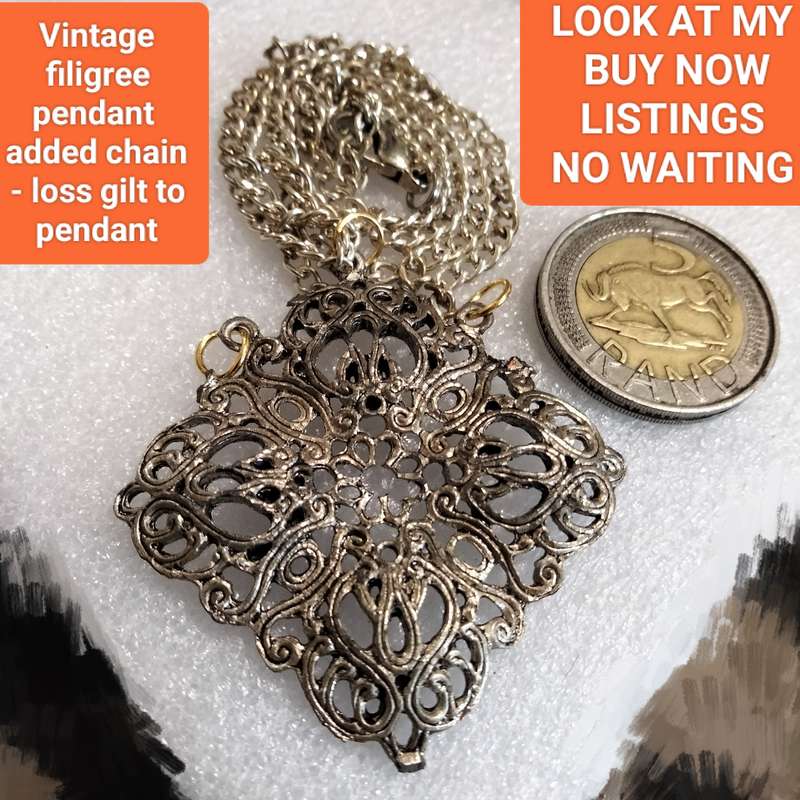 Necklace OLD Pendant Filigree gilt - Added chain+ 3 jump ring LOOK AT MY BUY NOW LISTINGS NO WAITING