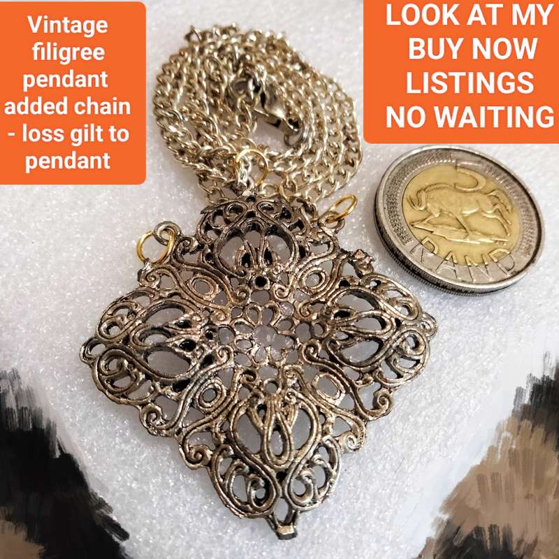 Necklace OLD Pendant Filigree gilt - Added chain+ 3 jump ring LOOK AT MY BUY NOW LISTINGS NO WAITING