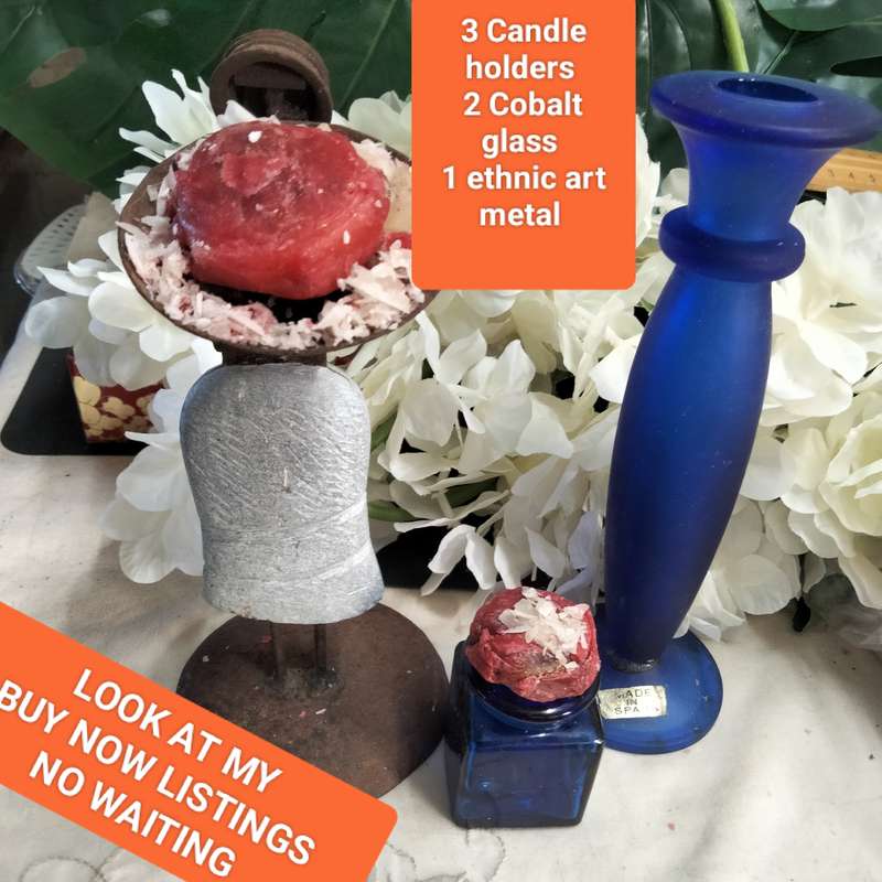 3 candle holders - 2 Glass Candle holder Cobolt blue + 1 Metal Ethnic lady