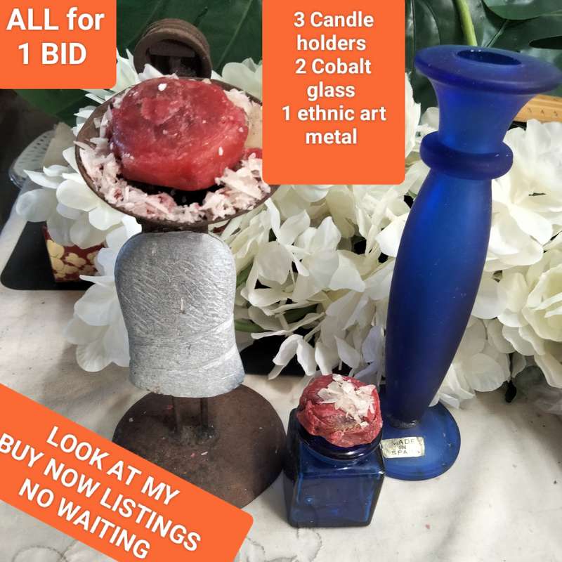 3 candle holders - 2 Glass Candle holder Cobolt blue + 1 Metal Ethnic lady