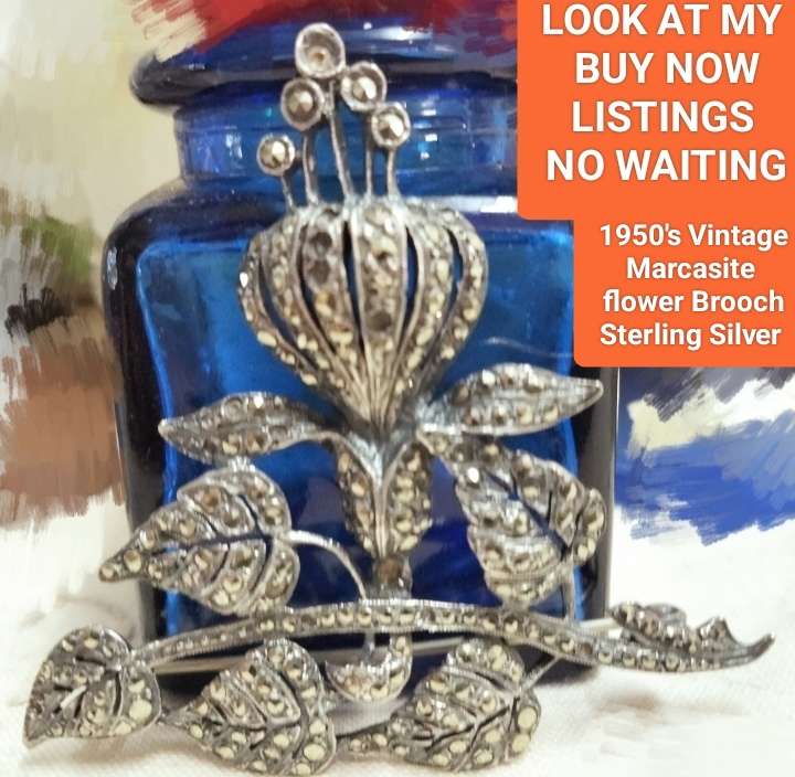 Brooch Sterling SILVER Vintage Marcasite LOOK At My BUY NOW listings NO WAITING