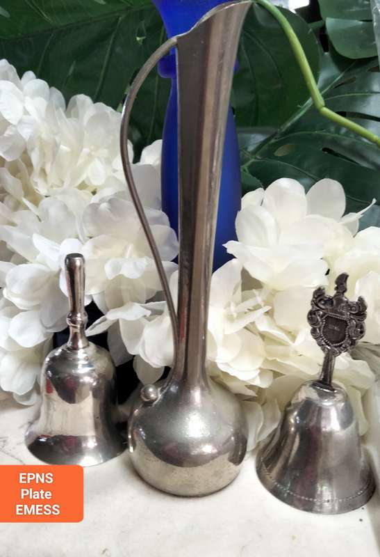 3 Plated 2 EPNS bells+ Clangers +Plated Art Deco bud Vase  LOOK At My BUY NOW LISTINGS NO WAITING