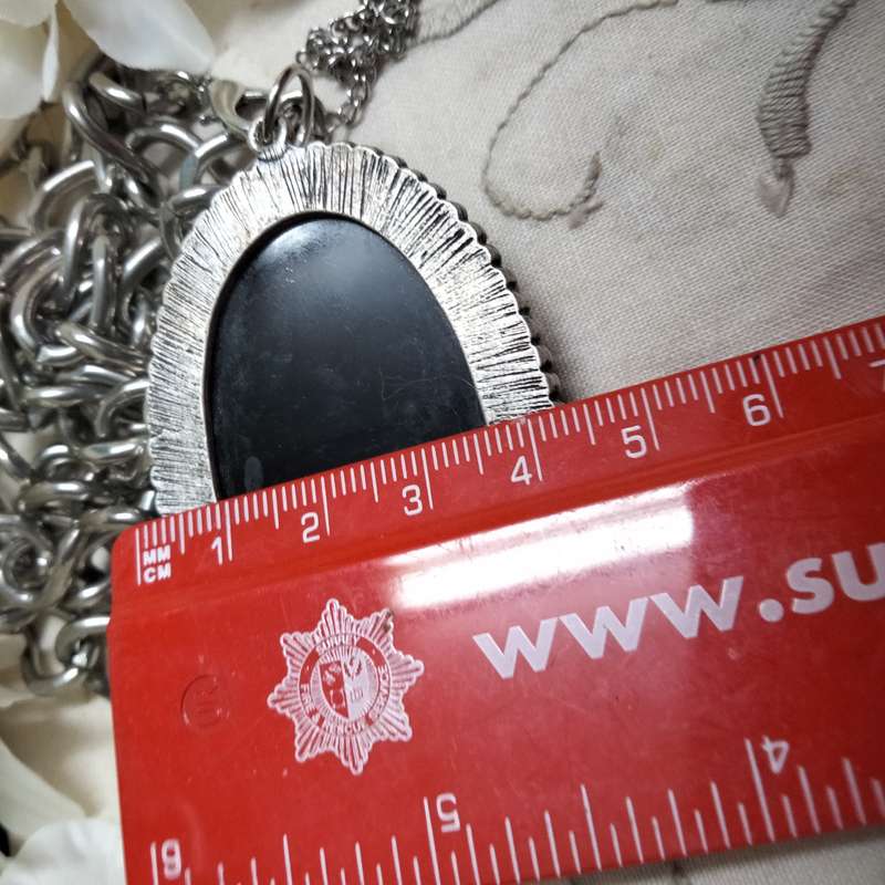 NECKLACE- STUNNING -LARGE black PENDANT studded silver tone synthetic + Chain Chunky SILVER tone