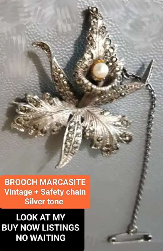 BROOCH- Vintage MARCASITE  FAUX  PEARL  SAFETY chain PIN