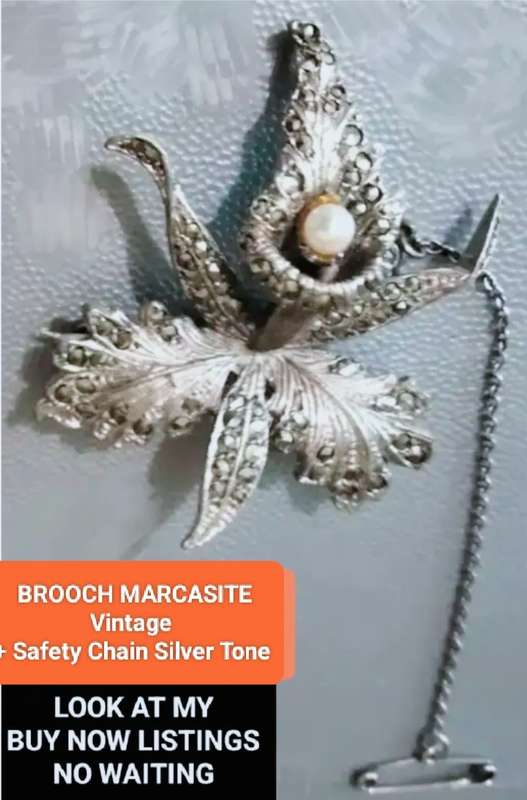 BROOCH- Vintage MARCASITE  FAUX  PEARL  SAFETY chain PIN