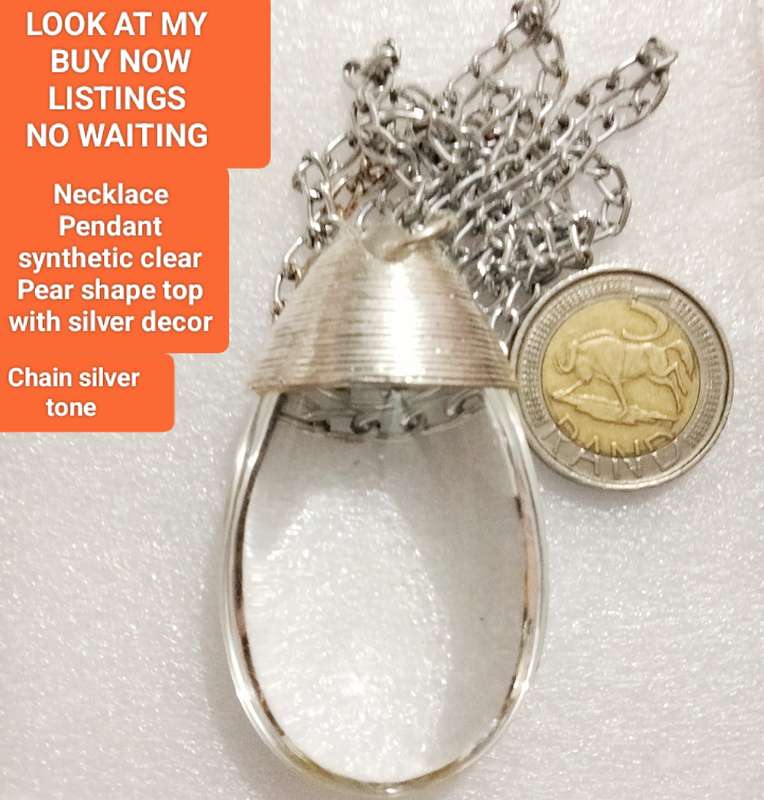 Necklace FASCINATING Pendant  Synthetic Clear Tear Drop -Modern+chain silver tone