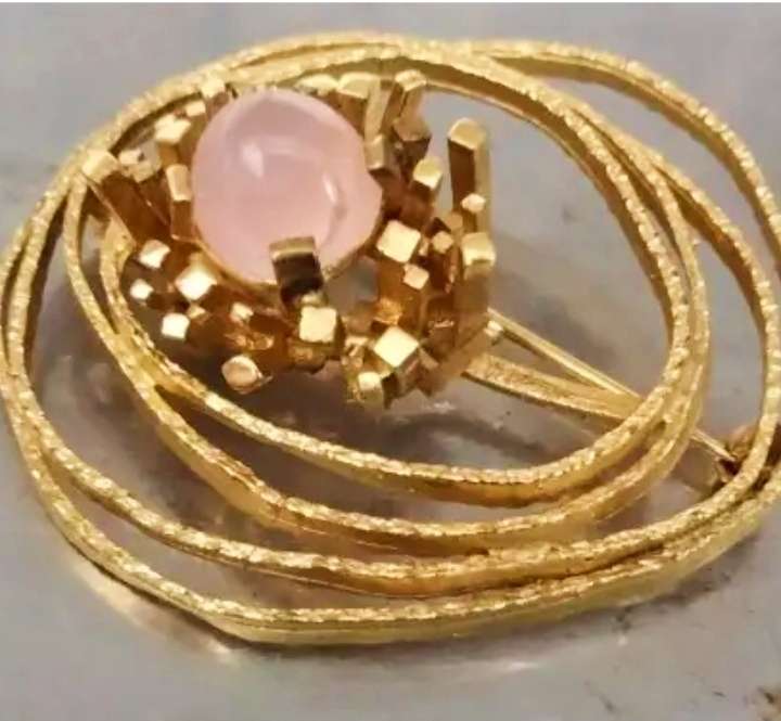 BROOCH -Rolled Gold- ROSE QUARTZ semi precious Gemstone -GERMANY LOOK at My BUY NOW ltems NO WAITING