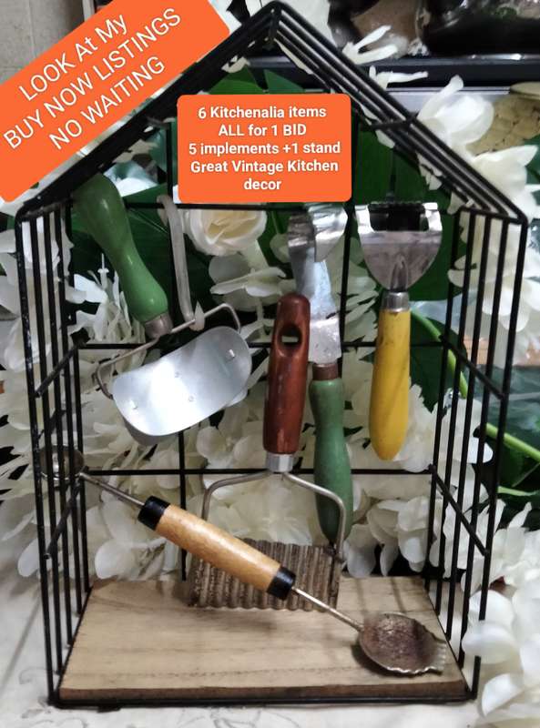 6 GREAT Vintage Kitchenalia DECOR items complete with rust loss of paint ALL for 1 BID