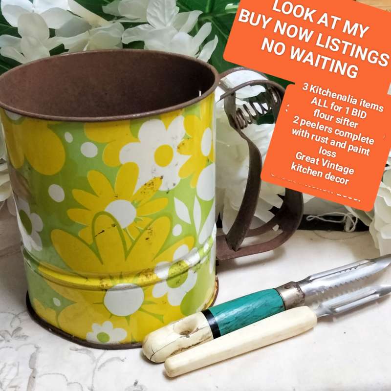 3 GREAT Vintage Kitchenalia DECOR items complete with rust loss of paint ALL for 1 BID