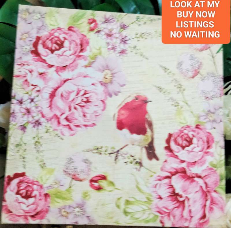 PAINTING Bird + floral scene-Canvas stretched over wood frame LOOK At My BUY NOW LISTING NO WAITING