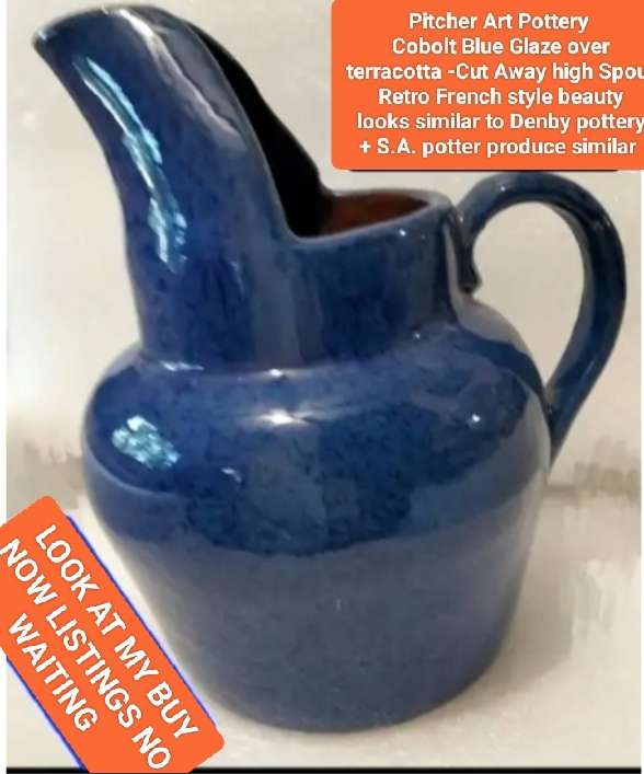 Jug Art Pottery COBOLT oxide glaze terracotta High cutaway Spout French LOOK atMy BUY NOW NO WAITING