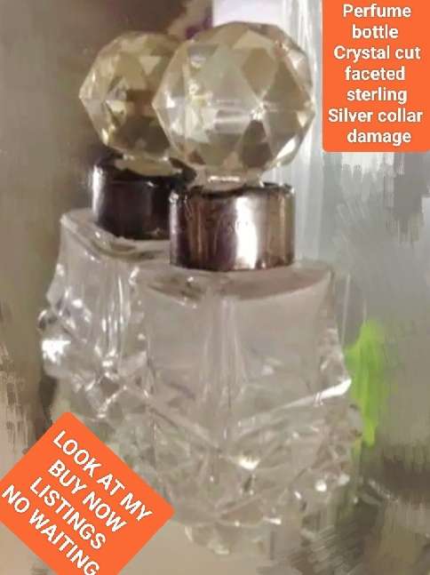 Crystal cut faceted PERFUME bottle+Stopper STERLING SILVER Collar lovely small -some damage