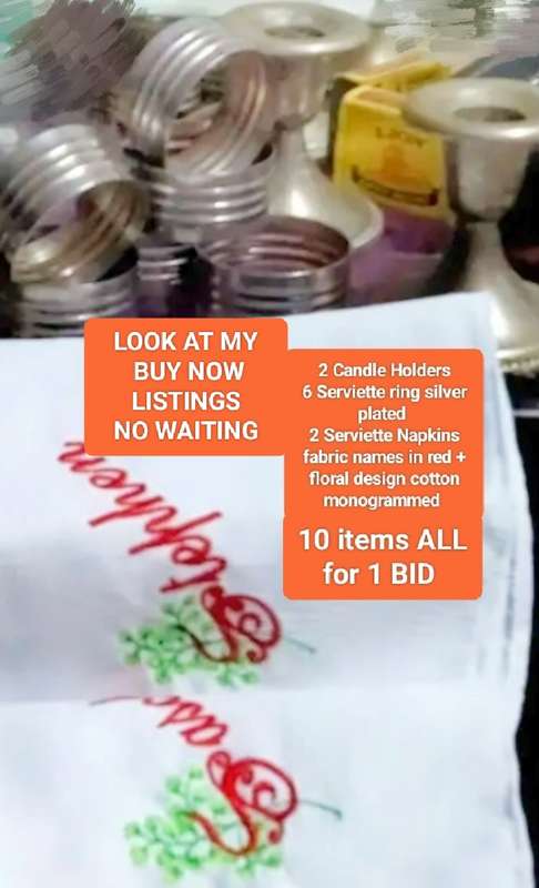 10items  ALL 1 BID 2 Candle Holders 6 Serviettes Rings 2 Napkins LOOK At My BUY NOW Items NO WAITING