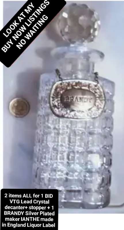 DECANTER VTG Lead Crystal +BRANDY label Silver Plated maker IANTHE-England - ALL for 1 BID