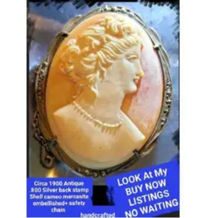 1900s Cameo Brooch .800 SILVER+safety chain+marcasite LOOK at my BUY NOW LISTINGS NO WAITING
