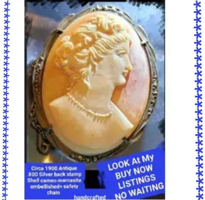 1900s Cameo Brooch .800 SILVER+safety chain+marcasite LOOK at my BUY NOW LISTINGS NO WAITING
