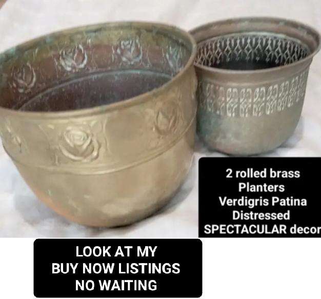 2 BRASS VASE/Planter embossed 1 STYLE  SCOTISH  ART &CRAFTS BROAD REPOUSSE DECOR HAS BAND OF ROSES