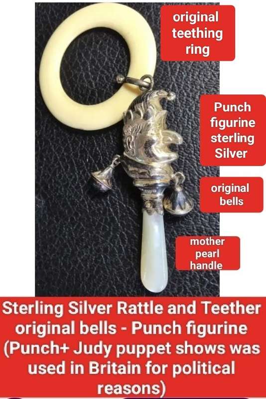 STERLING Silver BABY Rattle +Teether Mother of Pearl MR PUNCH original bells