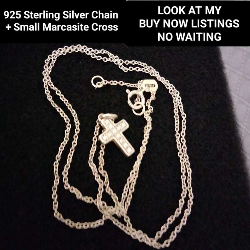 Sterling Silver 925 CHAIN + small Pendant Marcasite Cross Necklace LOOK at my Buy Now  NO WAITING