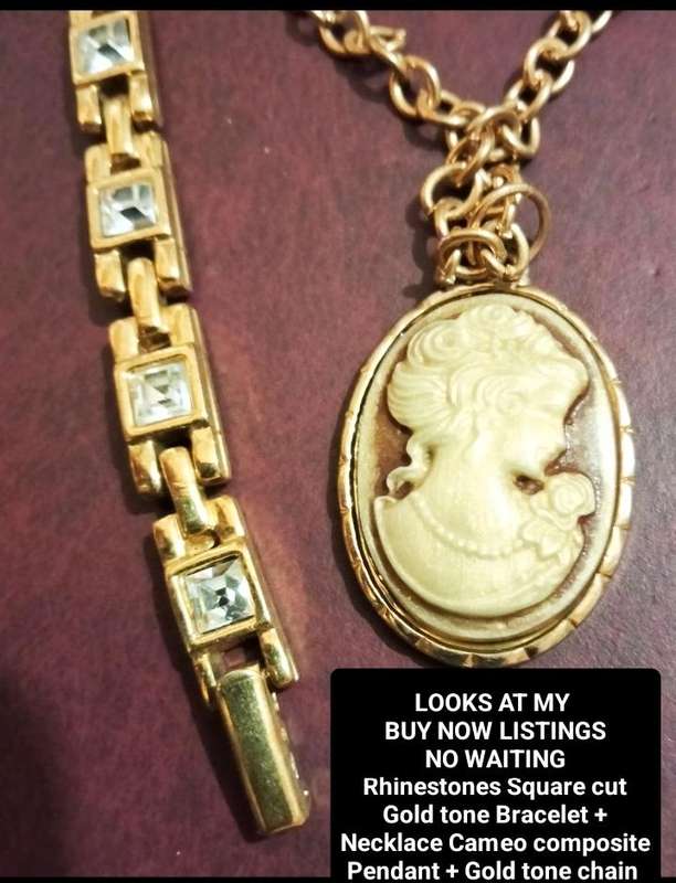 VTG Cameo Pendant Chain+Tennis Bracelet Rhinestones sq.cut Gold ToneLOOK AT my BUY Now  NO WAITING