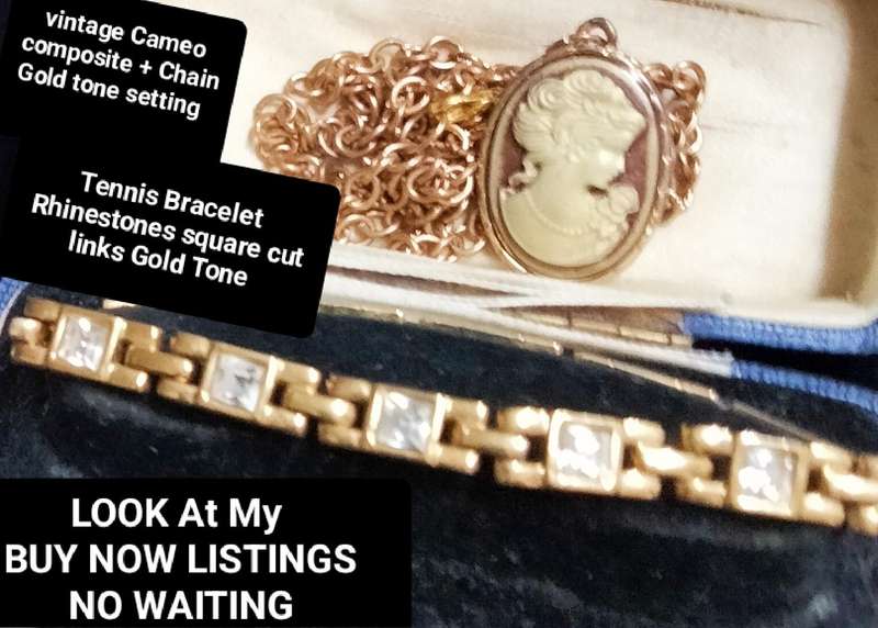 VTG Cameo Pendant Chain+Tennis Bracelet Rhinestones sq.cut Gold ToneLOOK AT my BUY Now  NO WAITING