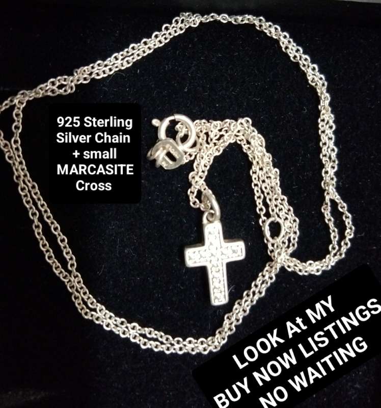 Sterling Silver 925 CHAIN + small Pendant Marcasite Cross Necklace LOOK at my Buy Now  NO WAITING