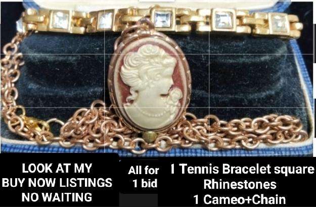 VTG Cameo Pendant Chain+Tennis Bracelet Rhinestones sq.cut Gold ToneLOOK AT my BUY Now  NO WAITING