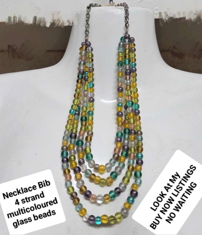 Bib NECKLACE - 4 strand ITALIAN lamp work Glass Beads Multicolour+Chain look at my Buy Now - No Wait