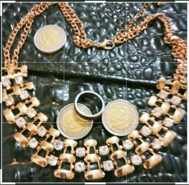 NECKLACE -Bib 2 Strand ROSE GOLD +CRYSTALS square cut gold links+ dress ring