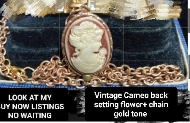 VTG Cameo Pendant Chain Gold Tone back setting flower punch outLOOK AT my BUY NOW LISTING NO WAITING