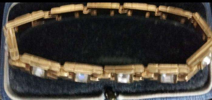 Tennis Bracelet Rhinestones sq.cut links Gold Tone LOOK AT my BUY NOW LISTINGS NO WAITING
