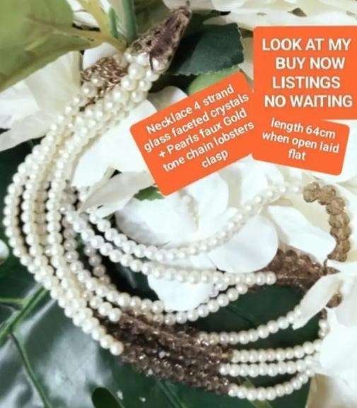 Necklace Bib 4 Strand Smokey Crystal faceted+Synthetic Pearls LOOK at my BUY NOW LISTINGS NO WAITING