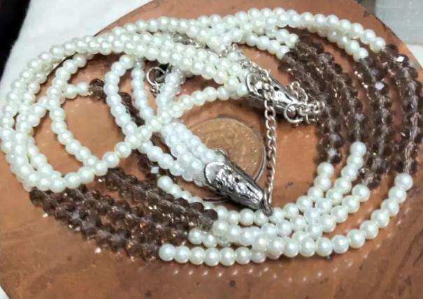 Necklace Bib 4 Strand Smokey Crystal faceted+Synthetic Pearls LOOK at my BUY NOW LISTINGS NO WAITING
