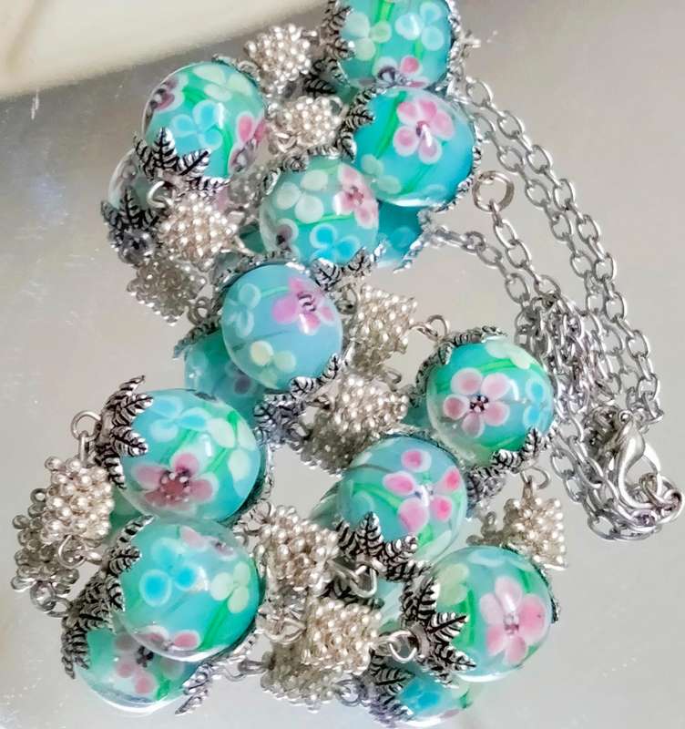 1 Necklace - vintage Italian glass -Fiori - blue Beads-Spacers Chain look at my Buy Now No Waiting