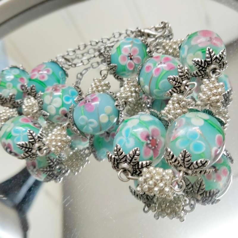 1 Necklace - vintage Italian glass -Fiori - blue Beads-Spacers Chain look at my Buy Now No Waiting