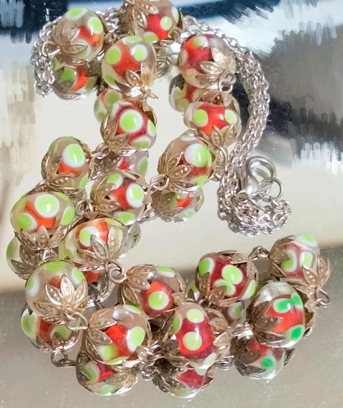 Necklace - Murano hand made Glass Lampwork spot green red white -chain Look at my buy now-No Waiting