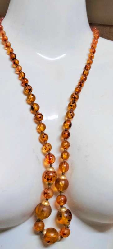 Necklace  AMBER graduating faux round beads+ small beads gold tone metal spacers + barrel clasp