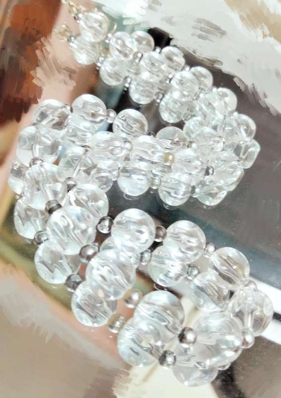 Necklace Clear Translucent QUARTZ semi-precious gem + spacer balls silver tone metal