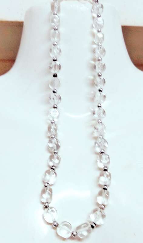 Necklace Clear Translucent QUARTZ semi-precious gem + spacer balls silver tone metal