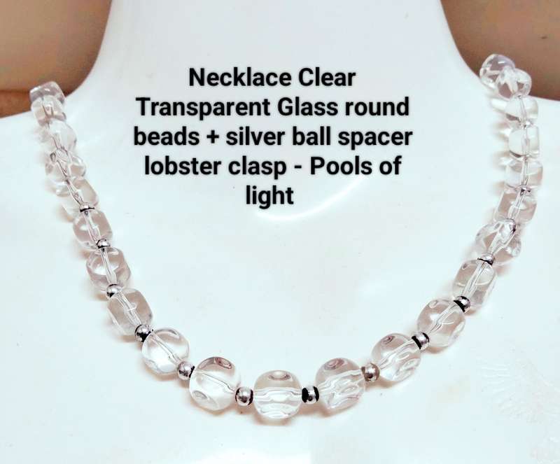 Necklace Clear Translucent QUARTZ semi-precious gem + spacer balls silver tone metal