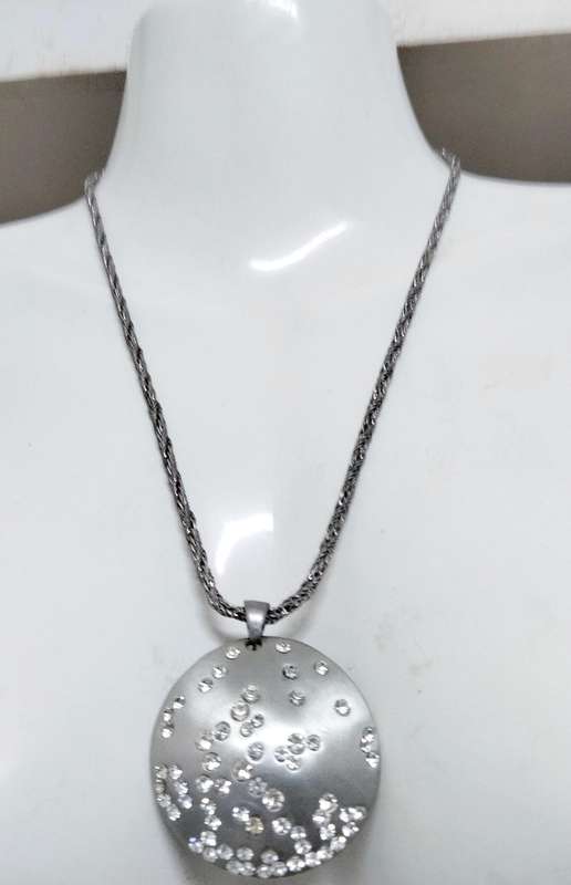 Necklace Chain +Large Pendant has Crystals Silver tone metal LOOK At My BUY NOW LISTINGS NO WAITING