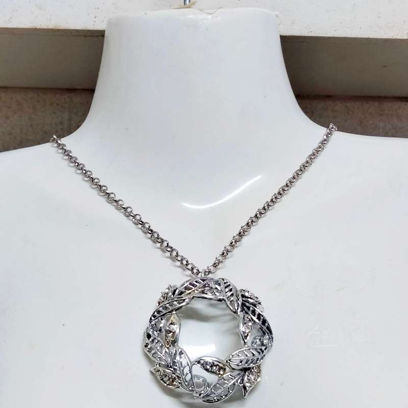 Necklace WREATH Celtic knot  Circle  leaves cut out+Rhinestones ADDED  modern belcher chain