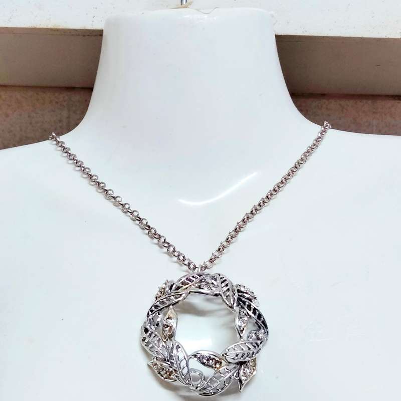 Necklace WREATH Celtic knot  Circle  leaves cut out+Rhinestones ADDED  modern belcher chain