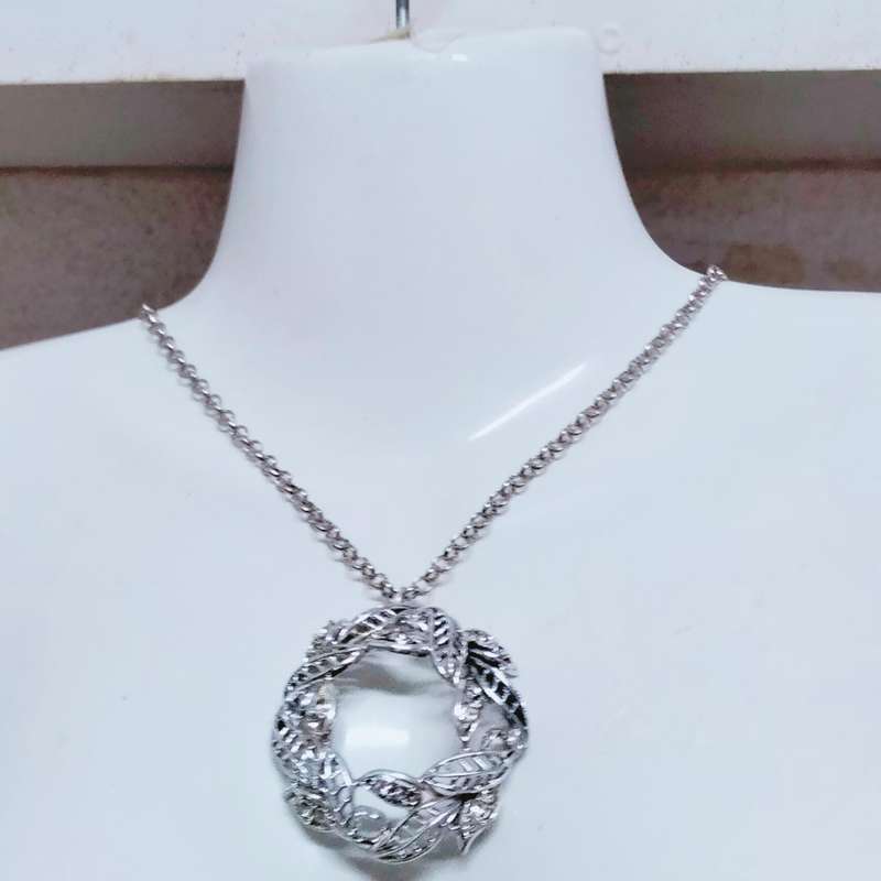 Necklace WREATH Celtic knot  Circle  leaves cut out+Rhinestones ADDED  modern belcher chain