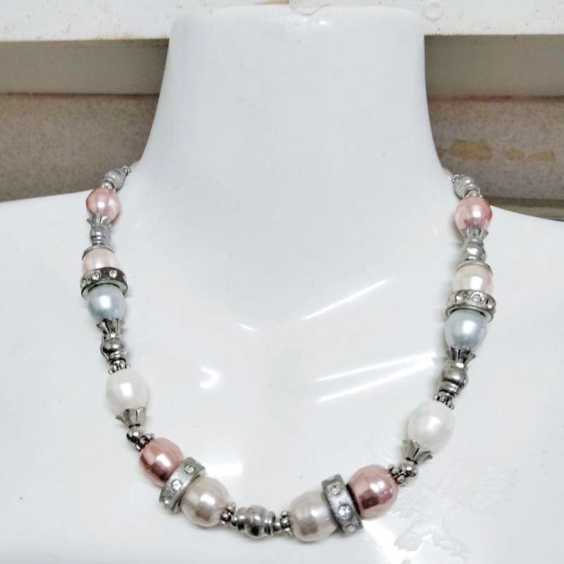 NECKLACE - Pearls Pink large bespoke Faux+ cream crystal embellished metal spacers