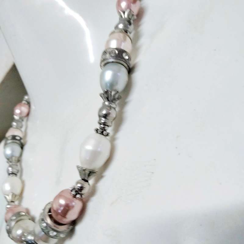 NECKLACE - Pearls Pink large bespoke Faux+ cream crystal embellished metal spacers