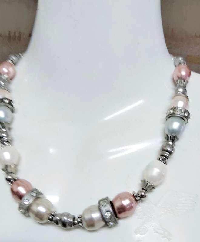 NECKLACE - Pearls Pink large bespoke Faux+ cream crystal embellished metal spacers